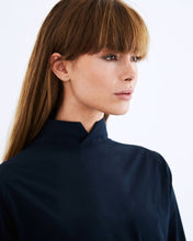 Dark navy, technical silk crepe, reversible button down shirt by ADAY