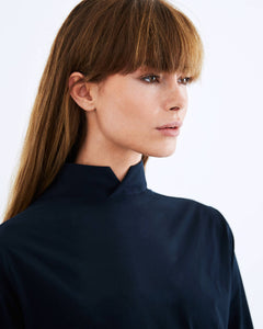 Dark navy, technical silk crepe, reversible button down shirt by ADAY