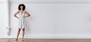A-line, technical wrap dress with a V-neck and adjustable, removable belt. Technical apparel by ADAY, perfect for travel.