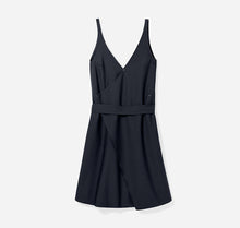 A-line, technical wrap dress with a V-neck and adjustable, removable belt. Technical apparel by ADAY, perfect for travel.