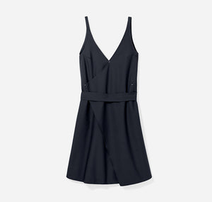 A-line, technical wrap dress with a V-neck and adjustable, removable belt. Technical apparel by ADAY, perfect for travel.