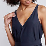 A-line, technical wrap dress with a V-neck and adjustable, removable belt. Technical apparel by ADAY, perfect for travel.