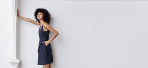 A-line, technical wrap dress with a V-neck and adjustable, removable belt. Technical apparel by ADAY, perfect for travel.