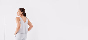 Got the Scoop Tank in Cloud colored technical silk with bonded hems and a v-shaped neckline