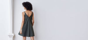 A-line, technical wrap dress with a V-neck and adjustable, removable belt. Technical apparel by ADAY, perfect for travel.