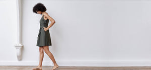 A-line, technical wrap dress with a V-neck and adjustable, removable belt. Technical apparel by ADAY, perfect for travel.