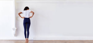 High waisted navy leggings with side pocket. Technical apparel by ADAY.