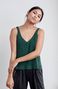 A-line tank top with a v-neck and v-back, bonded hem and lower arm holes. Super soft to touch, made from a plant based fiber.