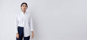 Technical button down shirt with side slits, bonded seams + gunmetal snaps