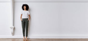 Technical Tailored Pants with elastic waist band, draped front, pockets + cuffed ankles