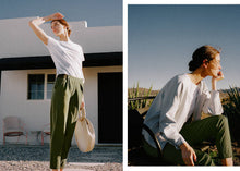 Technical Tailored Pants with elastic waist band, draped front, pockets + cuffed ankles