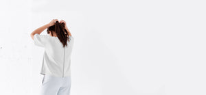 Cloud colored, recycled, reversible kimono style scuba jacket made from 41 recycled water bottles.