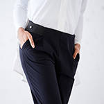 Technical Tailored Pants with elastic waist band, draped front, pockets + cuffed ankles