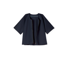 Midnight colored, recycled, reversible kimono style scuba jacket made from 41 recycled water bottles.