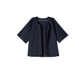 Midnight colored, recycled, reversible kimono style scuba jacket made from 41 recycled water bottles.
