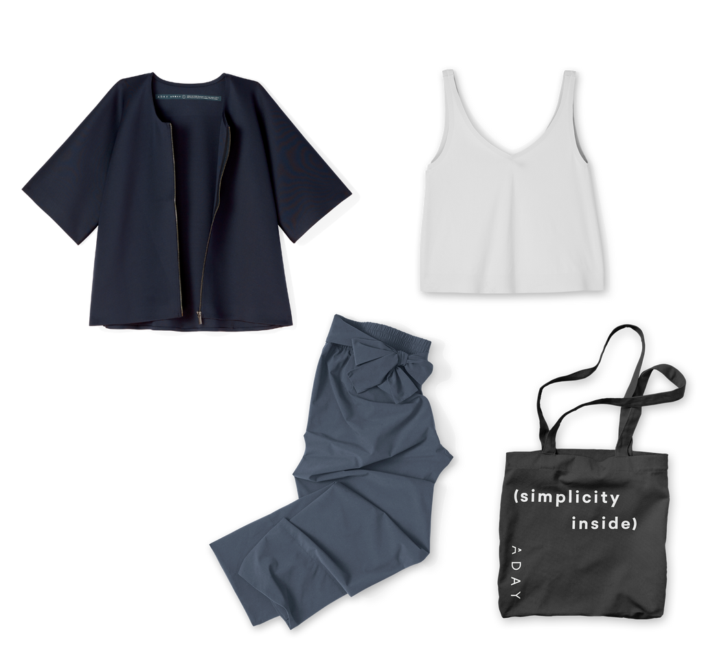 Experiments in Conscious Design Capsule Uniform including the Waste Nothing Jacket, the Got the Scoop Tank + the Easy Days Pants