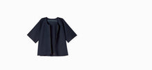 Midnight colored, recycled, reversible kimono style scuba jacket made from 41 recycled water bottles.