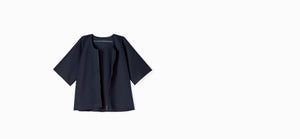 Midnight colored, recycled, reversible kimono style scuba jacket made from 41 recycled water bottles.