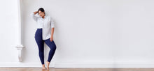 High waisted navy leggings with side pocket. Technical apparel by ADAY.