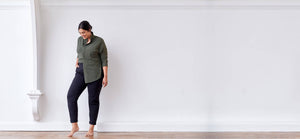 Technical Tailored Pants with elastic waist band, draped front, pockets + cuffed ankles