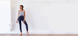 High waisted navy leggings with side pocket. Technical apparel by ADAY.