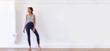 High waisted navy leggings with side pocket. Technical apparel by ADAY.