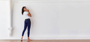 matte navy technical leggings with rose gold zippers, bonded seams and a hidden phone pocket - technical apparel by ADAY